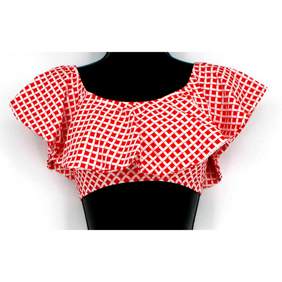 Swimsuit Red & White Print Ruffle Bandeau Top Only Size Large - Picture 1 of 7